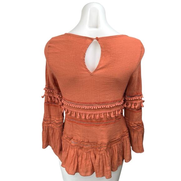 Bacio Brown Pom Pom Tassel Embellished Ruffle Boho Western Blouse Top Size S - Picture 2 of 5